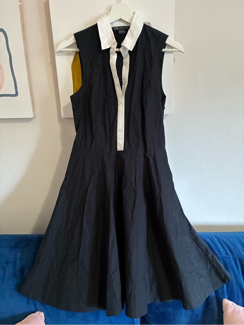 Armani Exchange Black Midi Shirt Dress with White Contrast Collar